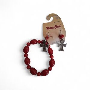 Fire Coral Red Southwestern Style Bracelet and Cross Earrings Set